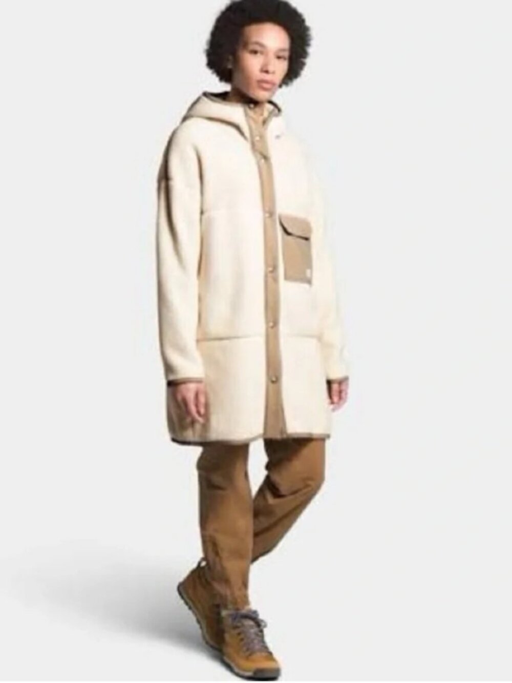 The North Face Cragmont Fleece Coat Size M Cream Hooded Snap Front Teddy Jacket - Picture 2 of 6